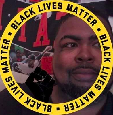 Image of Asim Brooks with a background showing that I’m a huge San Francisco Giants fan and the border around my picture is showing my solidarity with Black Lives Matter.